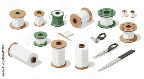 Sewing essentials in isometric style: spools, threads, scissors, and needles