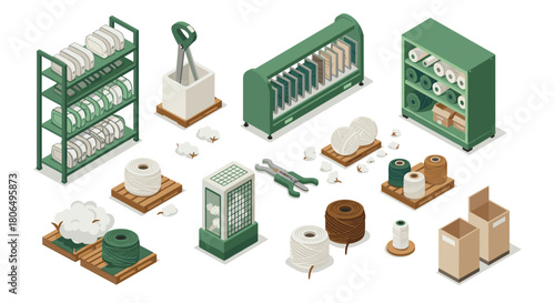 Isometric yarn workshop with tools and materials in earthy tones