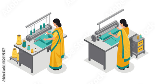 Woman operating sewing and textile machines in traditional attire isometric design