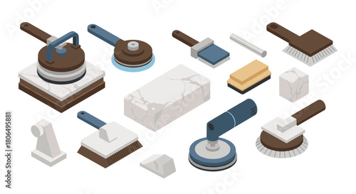 Isometric cleaning tools and scrub brushes collection on white background