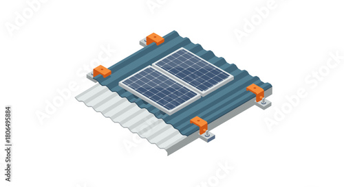 Isometric solar panel mounted on metal roof with fasteners