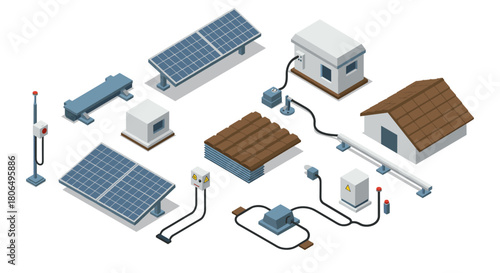 Isometric solar power systems set with panels and battery storage