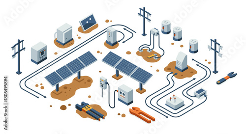 Isometric renewable energy infrastructure with solar panels and power stations