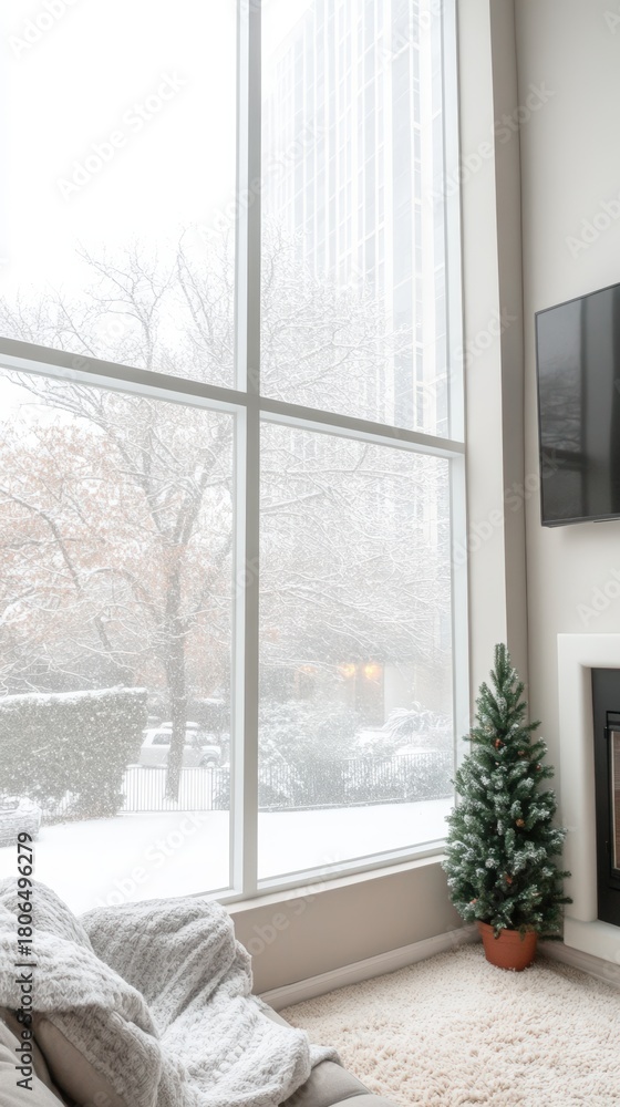 Fototapeta premium A cozy indoor scene features a plush armchair and a small decorated Christmas tree, with snow gently falling outside large windows
