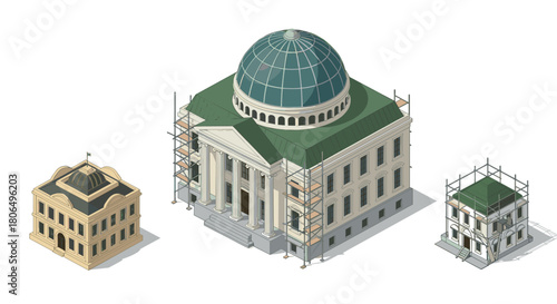 Architectural isometric design of classical buildings under renovation with scaffolding