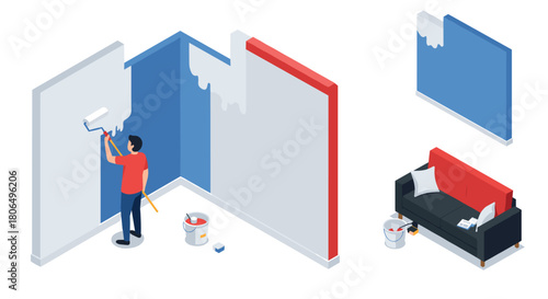 Interior renovation concept with painter and colorful walls in isometric style