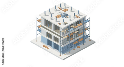 Isometric construction site with scaffold and building framework