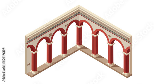 Isometric ancient roman arches with red columns and decorative patterns