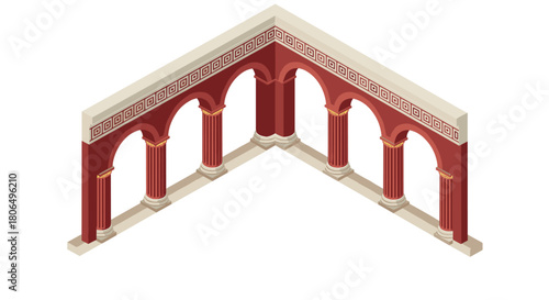 Ancient roman arched hallway in isometric perspective with classic red columns