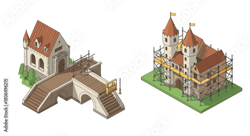 Isometric medieval building and castle under construction with scaffolding