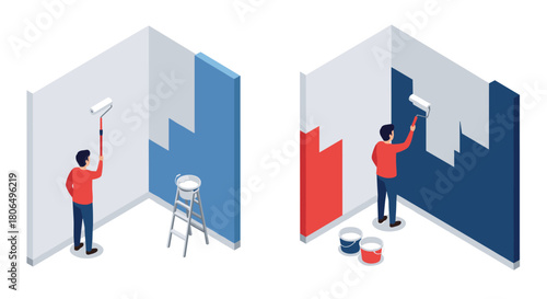Isometric room painting with roller: red and blue color transformation