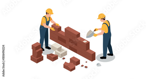 Bricklayers building a wall in isometric style with safety gear and tools
