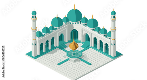 Isometric mosque architecture with emerald domes and golden accents