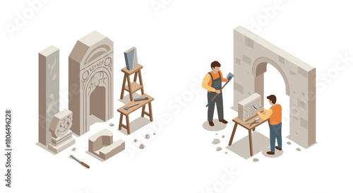 Isometric artisans sculpting and constructing classical stone architecture