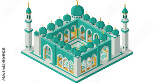 Isometric mosque architecture with intricate domes and arches