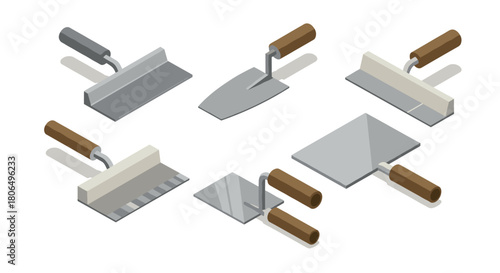 Isometric set of construction tools with wooden handles for smooth finishing work