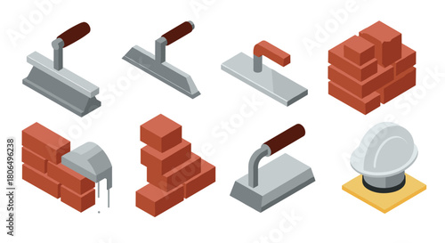 Isometric masonry tools and brick wall elements for construction projects