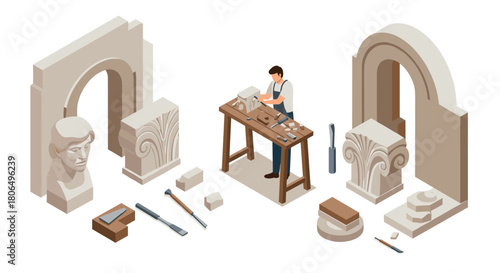 Artisan sculptor crafting classical stone art in workshop setting