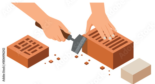 Hands working with bricks and trowel in isometric style