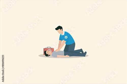Flat vector illustration of a first aid responder performing CPR on an unconscious man during an emergency medical situation.