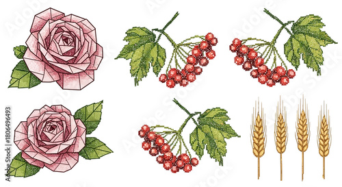 Traditional Ukrainian Vyshyvanka Embroidery Vector Elements with Geometric Rose and Wheat Motifs