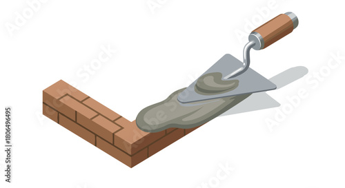 Isometric brick wall building with trowel and mortar for construction projects