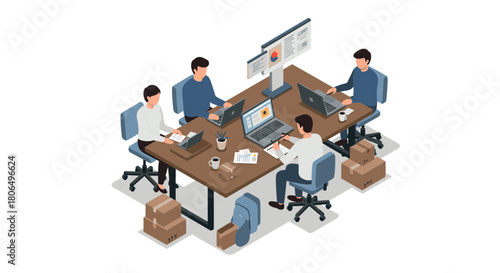 Team collaboration in a modern office with laptops and data analytics