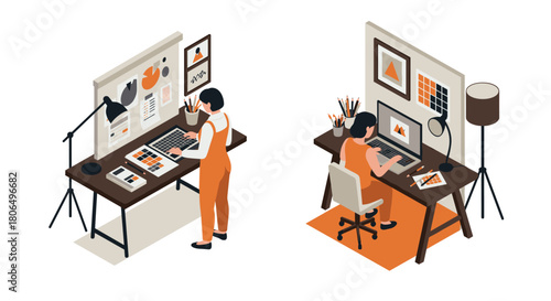 Isometric construction barriers set with various safety signs and traffic cones