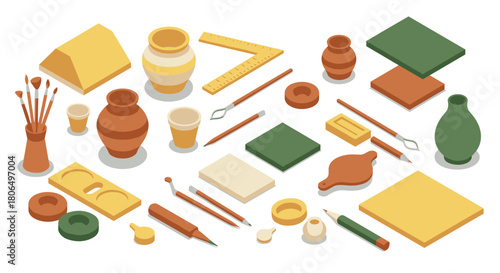 Isometric art supplies and ceramics creative tools and materials for artists