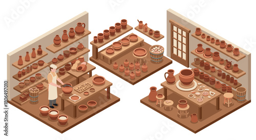 Isometric pottery workshop with artisan and clay creations