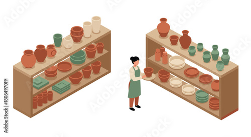 Isometric pottery shop scene with shelves and ceramics