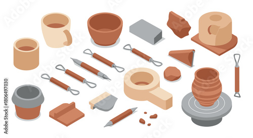 Pottery craft tools and clay sculptures in isometric design for digital projects