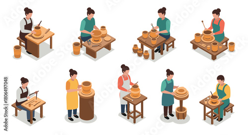 Isometric ceramics creation: potters at work in various stages and techniques