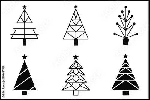 Stylized geometric christmas tree icon set with star toppers isolated on white background, Vector
