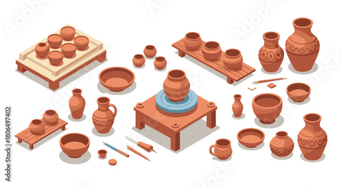 Isometric pottery workshop: clay vases, bowls, and tools in a creative studio setting