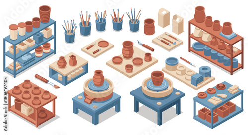 Isometric pottery workshop with equipment and supplies in soft pastels