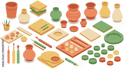 Pottery tools and supplies isometric view with clay vases, brushes, and trays