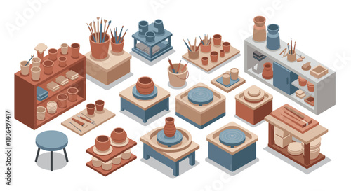 Isometric pottery studio workshop with tools and clay creations in earth tones