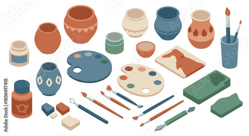 Colorful isometric art supplies with pottery, brushes, and paint palettes