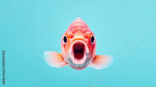 Close-up of a goldfish with its mouth wide open against a blue background