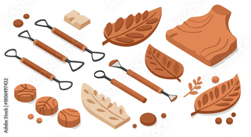 Clay modeling tools and faux leaves in isometric style for creative arts and crafts