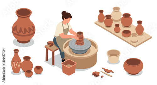 Isometric pottery workshop scene with clay pots and crafting tools