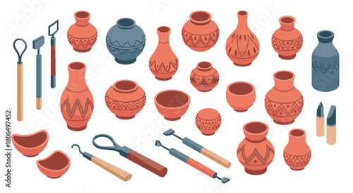 Isometric pottery tools and clay vases illustrate artisanal crafting techniques