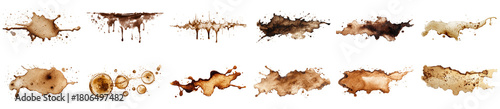 A collection of isolated coffee stains on a white background, perfect for creative projects. These unique stains can enhance designs and add a warm touch.