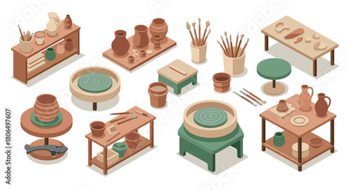 Isometric pottery workshop with clay vases, tools, and wheels in earth tones
