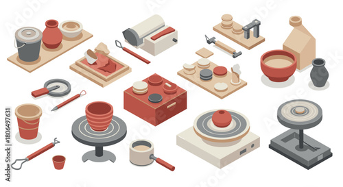 Isometric pottery workshop with tools and clay in earthy tones
