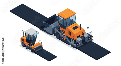 Construction site vehicles with asphalt pavers in isometric style