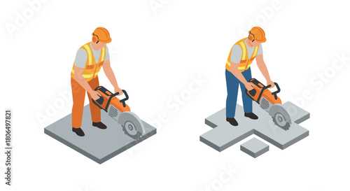Isometric worker operating concrete saw in construction gear