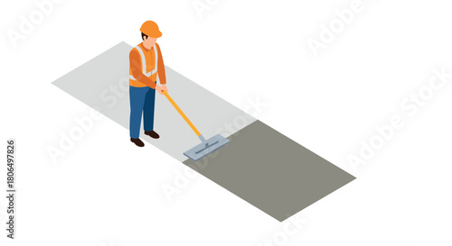 Construction worker in safety gear smoothing concrete in isometric design
