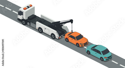 Isometric tow truck assisting two cars on highway in minimalist style